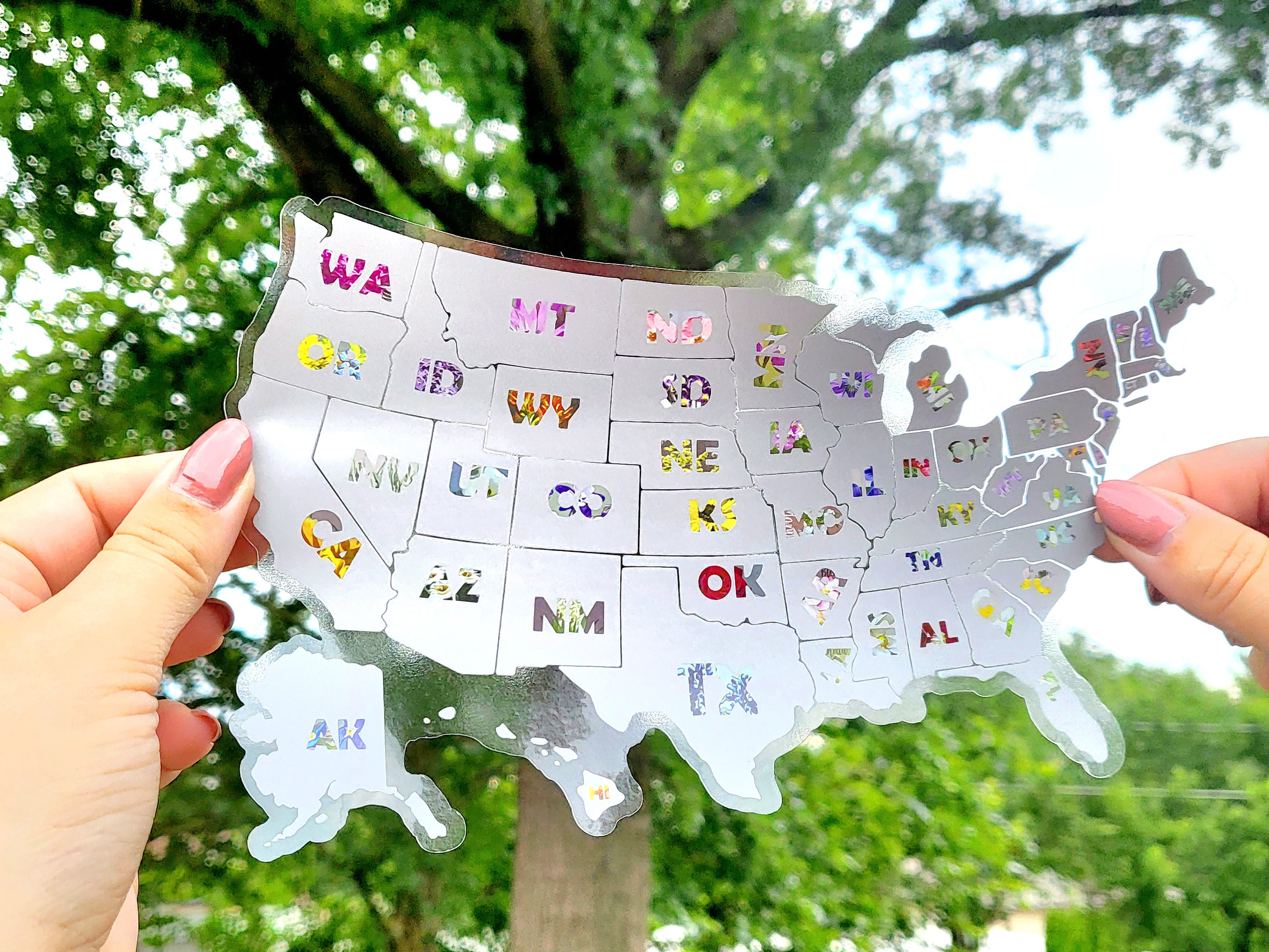 Transparent Scratch Off Sticker Map; USA Vinyl Decal; State Flower Map, Scratch Off 50 States; Places traveled; Decal Map; Planner Sticker