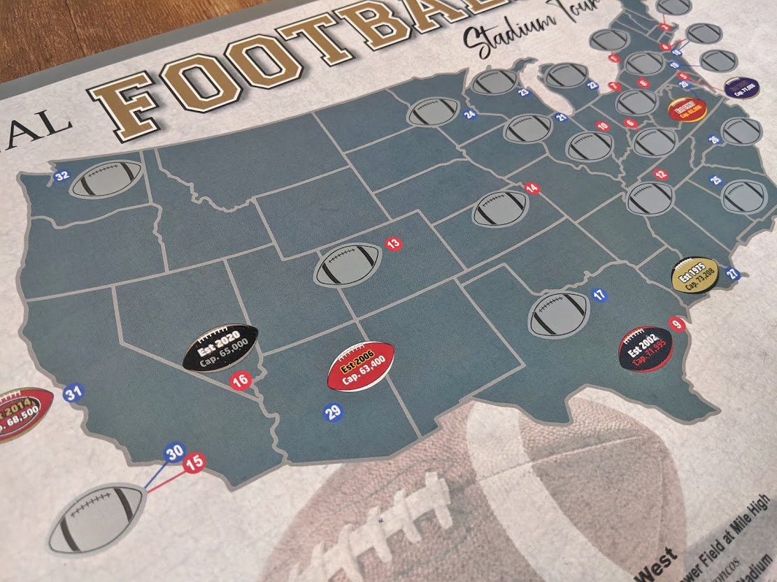 Pro Football Stadium Scratch off Tour Map Football Stadium Etsy