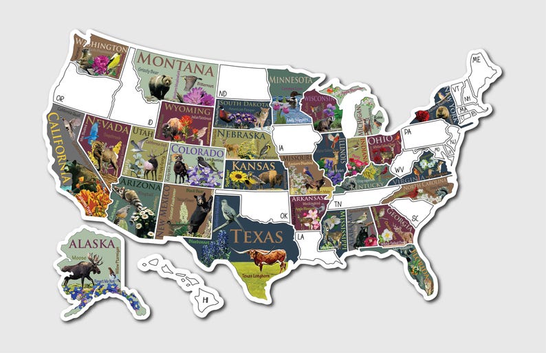 RV Sticker Travel Map, 50 U.S. States Places Traveled, Camper Decor, Outdoor Weatherproof Vinyl Decal, Bucket List 2: State Symbols