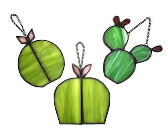 Set of three Stained Glass Cactus, Gift Set, Ornament, Glass Plant, Decoration, Green Glass Cactus