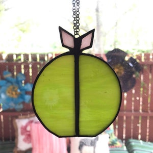 Stained Glass Cactus Ornament: Handcrafted Green Glass Plant with Pink Flower