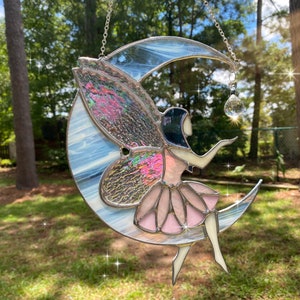Stained Glass Fairy Moon Suncatcher: Rainbow Crystal Glass Art
