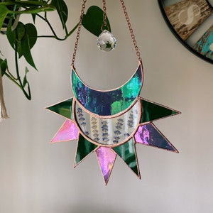 Crescent Moon & Sun Stained Glass Suncatcher with Crystal