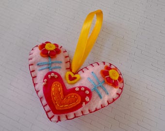 Scandi Felt Heart Christmas Ornament, Embroidered, Bead Detail
