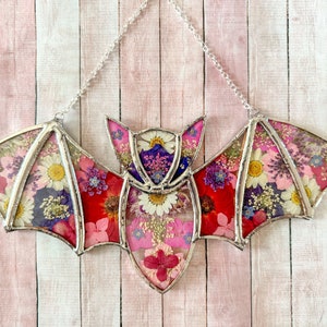 Stained Glass Bat Suncatcher: Pressed Daisy Flowers & Rustic Solder