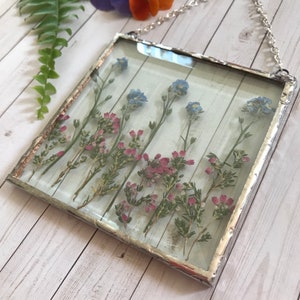 Stained glass, Pressed Flower Pink Heather And Forget Me Nots, Glass Square Ornament with rustic style, and vintage Silver patina, stocking