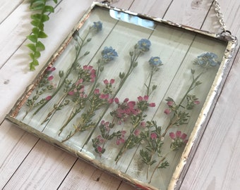 Stained glass, Pressed Flower Pink Heather And Forget Me Nots, Glass Square Ornament with rustic style, and vintage Silver patina, stocking
