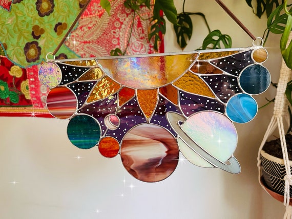 Stained Glass Solar System Panel: Galaxy Planets Suncatcher Wall