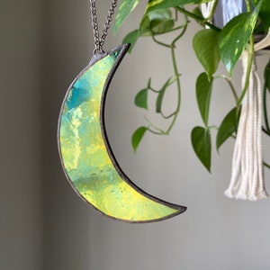 Stained Glass Crescent Moon Ornament: Iridescent Green on Black