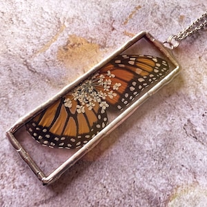 Made to order unique monarch butterfly stained glass pendant necklace - 3” pendant - vintage antique rustic aged silver patina and chain