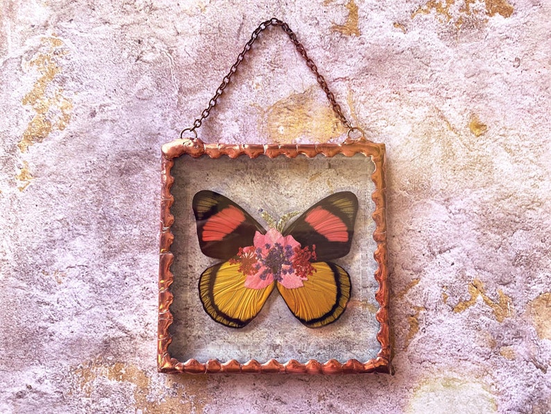 Beautiful Pressed Flower Batesia butterfly Wings Glass Square Ornament with Rustic Style Solder and Vintage Copper Patina, One of a Kind image 5