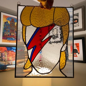 Stained glass David bowie panel, sun catcher, Ziggy stardust, bowie bolt, gift, glass art, music decor, rock n roll