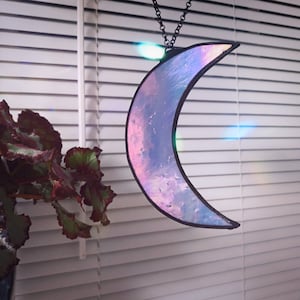 Stained Glass crescent moon ornament, Ornament, iridescent glass, Decoration, glass, black edge