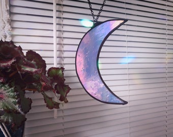 Stained Glass crescent moon ornament, Ornament, iridescent glass, Decoration, glass, black edge