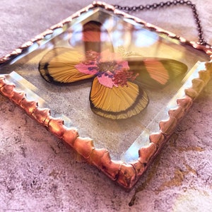 Beautiful Pressed Flower Batesia butterfly Wings Glass Square Ornament with Rustic Style Solder and Vintage Copper Patina, One of a Kind image 6