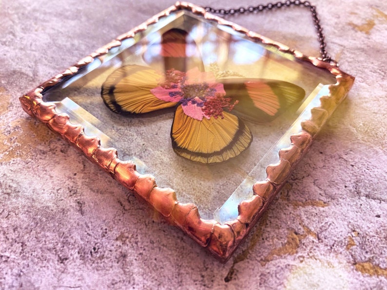 Beautiful Pressed Flower Batesia butterfly Wings Glass Square Ornament with Rustic Style Solder and Vintage Copper Patina, One of a Kind image 6