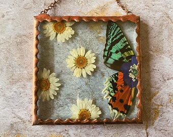 May include: A copper framed wall hanging with a pressed butterfly and dried white daisies. The butterfly has green, orange, and black wings.