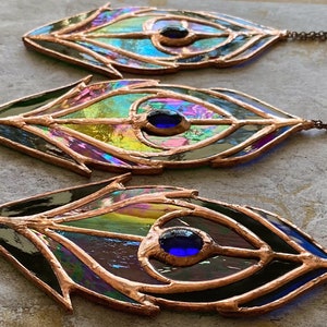 Stained Glass peacock feather sun catcher ornament, Decoration, glass, copper edge