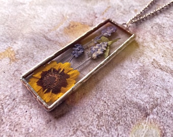One of a kind sunflower and lavender stained glass pendant necklace - 3” pendant - vintage antique rustic aged silver patina and chain