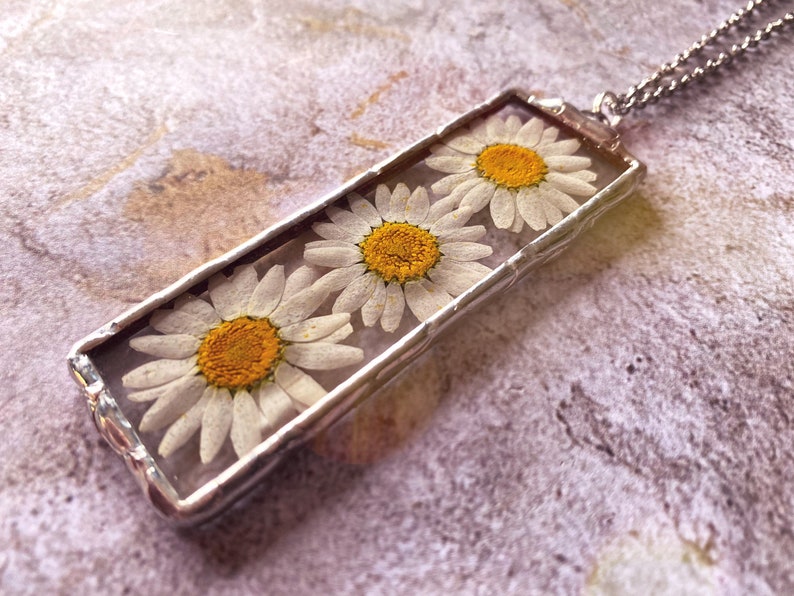 One of a kind daisy stained glass pendant necklace 3 pendant vintage antique rustic aged silver patina and chain image 1