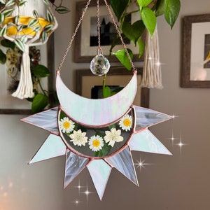 Crescent moon and sun stained glass sun catcher, rainbow making crystal ball, choice of edging color, celestial art, christmas gift for her