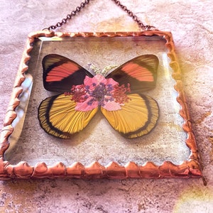 Beautiful Pressed Flower Batesia butterfly Wings Glass Square Ornament with Rustic Style Solder and Vintage Copper Patina, One of a Kind image 3