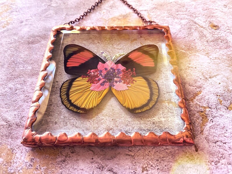 Beautiful Pressed Flower Batesia butterfly Wings Glass Square Ornament with Rustic Style Solder and Vintage Copper Patina, One of a Kind image 3