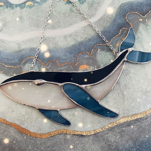 Stained Glass Blue Whale Suncatcher: Ocean Decor Ornament