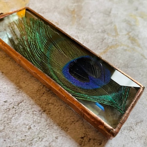Beautiful beveled glass peacock feather stained glass ornament, peacock, copper patina Christmas gift, decor, Mother’s Day