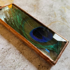 Beautiful beveled glass peacock feather stained glass ornament, peacock, copper patina Christmas gift, decor, Mother’s Day