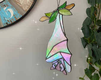 Large Stained glass bat sun catcher ornament, hanging bat, rustic soldered edge, gift, Halloween decor, Pink, Gift