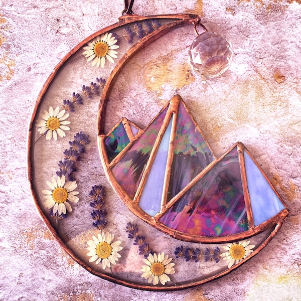 Pressed Flower Stained Glass Suncatcher: Crescent Moon Mountain with Rainbow Crystal