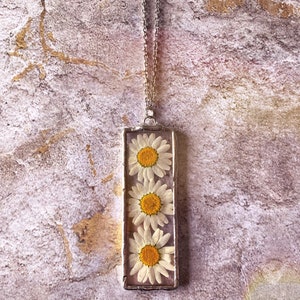 One of a kind daisy stained glass pendant necklace 3 pendant vintage antique rustic aged silver patina and chain image 3