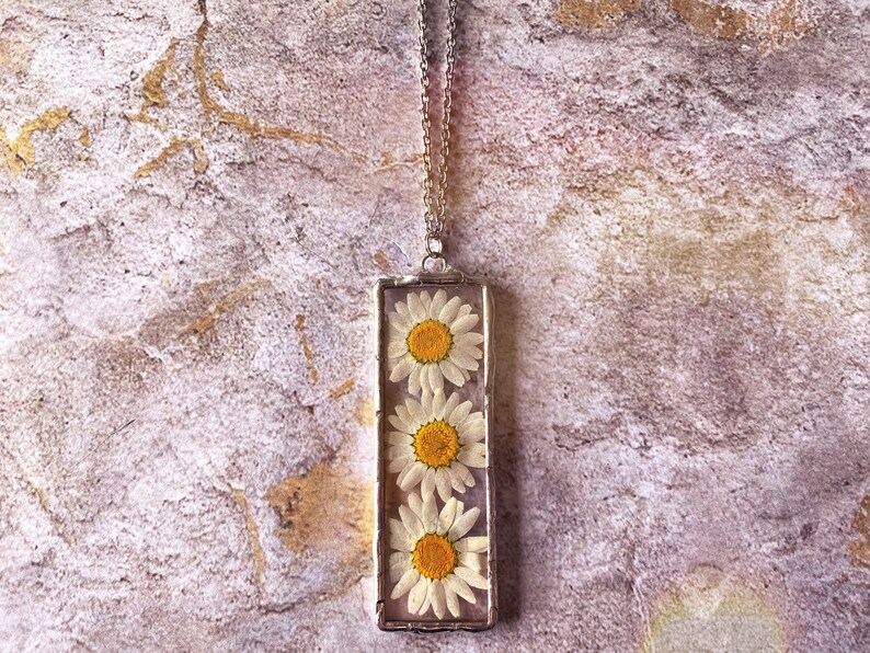 One of a kind daisy stained glass pendant necklace 3 pendant vintage antique rustic aged silver patina and chain image 3