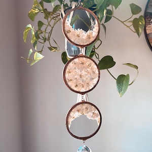 Triple goddess triple moon SunCatcher Stained Glass Ornament With Pressed Flowers - Boho Nature Decor Prism - copper patina witchy vibes