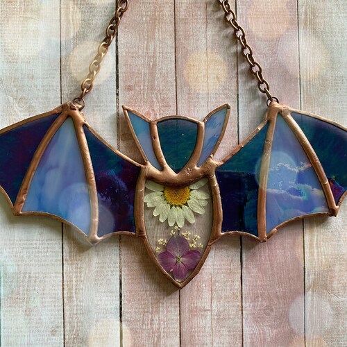 Stained Glass Bat Suncatcher: Pressed Daisy Flowers & Iridescent Wings