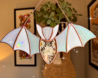 Large Stained glass bat sun catcher ornament, with real pressed flowers and  rustic soldered edge, gift, Halloween decor, Daisy, Gift