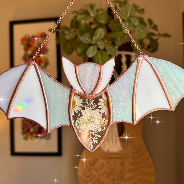 Large Stained glass bat sun catcher ornament, with real pressed flowers and  rustic soldered edge, gift, Halloween decor, Daisy, Gift