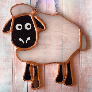 Stained Glass Sheep lamb, Ornament, Decoration, Suncatcher, Gift white and black glass