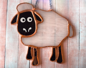 Stained Glass Sheep lamb, Ornament, Decoration, Suncatcher, Gift white and black glass