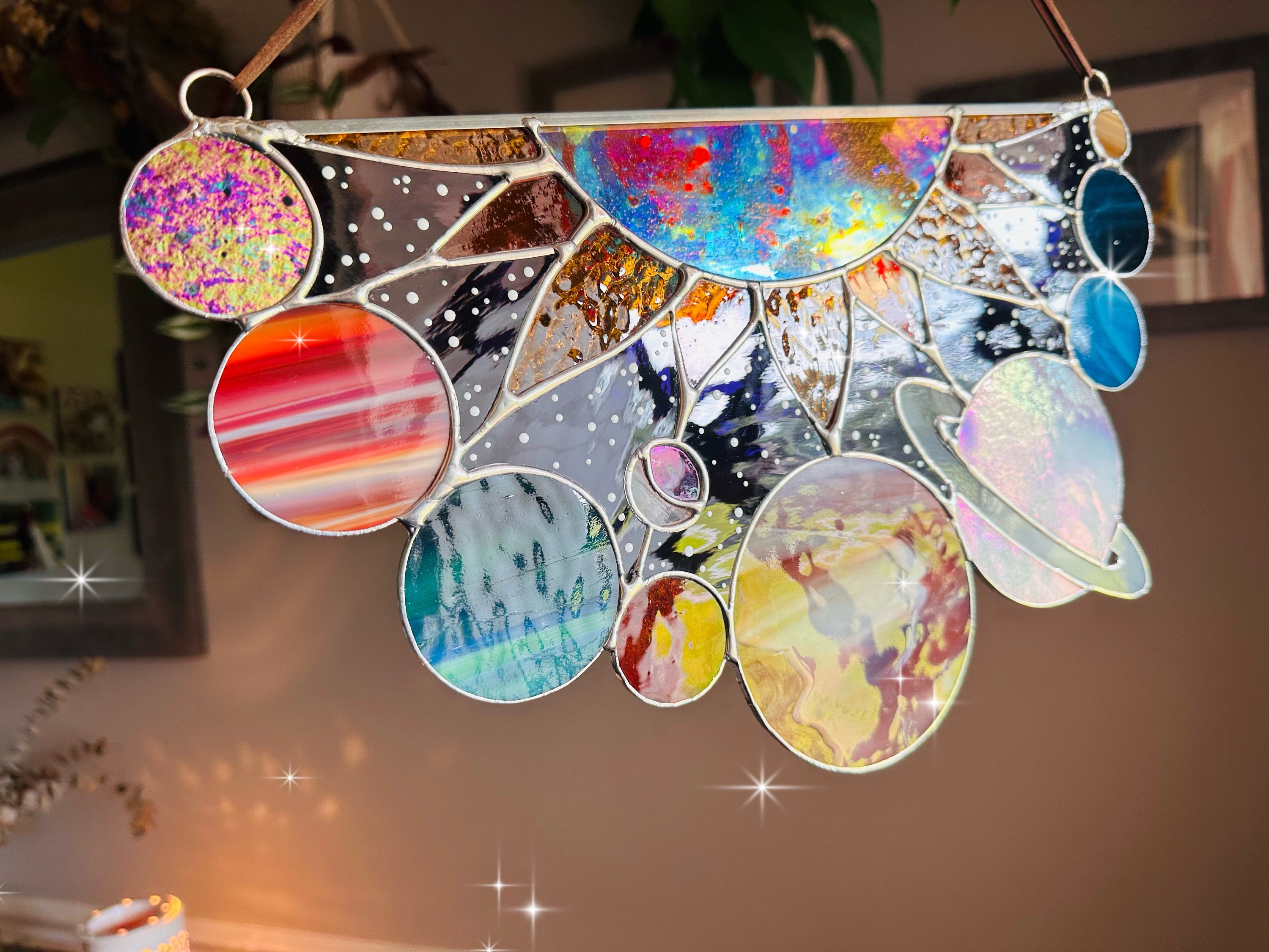 Stained Glass Solar System Panel: Galaxy Planets Suncatcher Wall