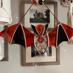 Medium Stained glass bat sun catcher ornament, with real pressed flowers and  rustic soldered edge, gift, Halloween decor, Daisy, Gift