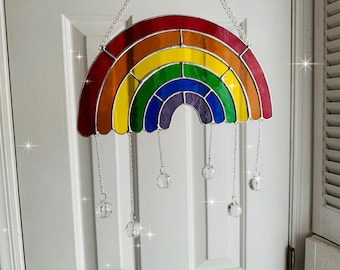 Large Stained Glass Rainbow Suncatcher with Crystals