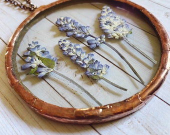 Beautiful Pressed Flower Glass Ornament with rustic style solder and vintage Copper patina, one of a kind lavender