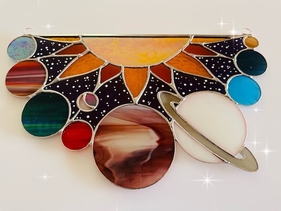 Stained Glass Solar System Panel: Galaxy Planets Suncatcher Wall