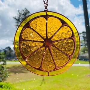Large stained glass lemon slice, sun catcher, ornament, glass art, gift, summer decor, Mother’s Day, boho, christmas gift, fruit gift