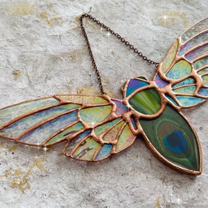 Stained glass cicada sun catcher with iridescent glass and real peacock feather inlay, pollinator, gift for her, boho decor, glass art