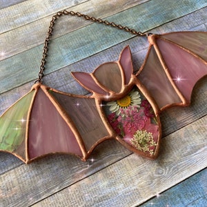 Medium Stained glass bat sun catcher ornament, with real pressed flowers and  rustic soldered edge, gift, Halloween decor, Daisy, Gift