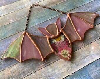 Medium Stained glass bat sun catcher ornament, with real pressed flowers and  rustic soldered edge, gift, Halloween decor, Daisy, Gift