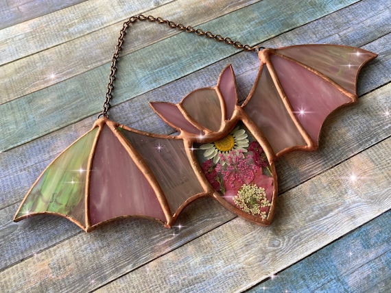 Medium Stained Glass Bat Sun Catcher Ornament With Real Etsy 日本